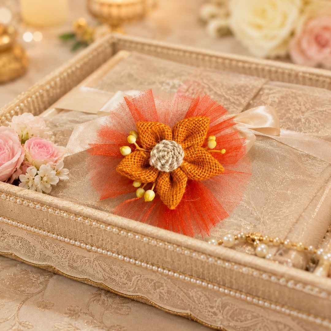 Set of 5 Orange Jute Flower Decorative Accessories with Net for Hamper & Trousseau Packing