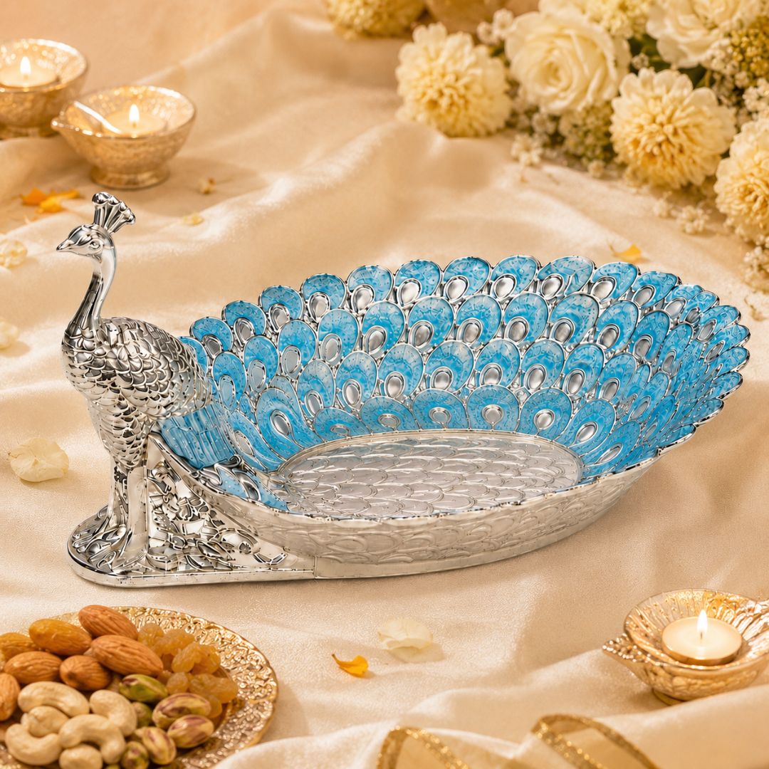 Peacock Design German Silver Dry Fruit Tray – Blue Enamel (8 Inch) - Adscraft.in