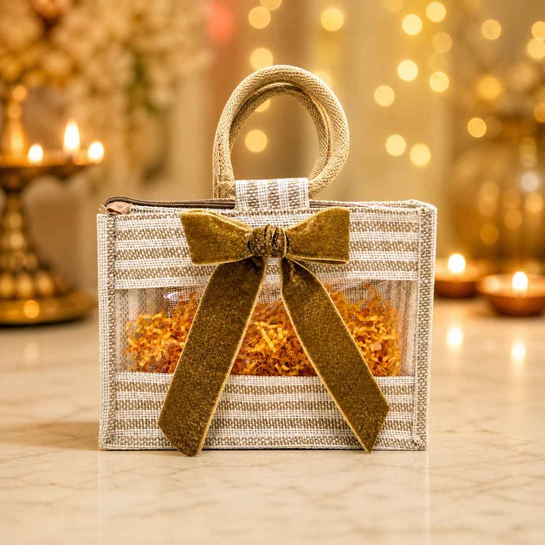 (Set of 5)Premium Jute Gift Bags with Transparent Window & Golden Bow – 12 x 15 Inches