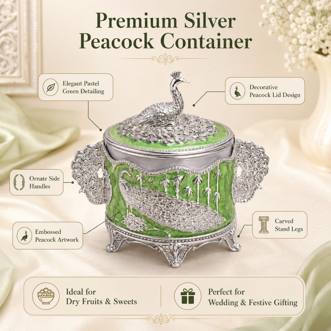 Luxury German Silver Peacock Dry Fruit Box with Handles – Green Enamel Finish (6 Inch) - Adscraft.in