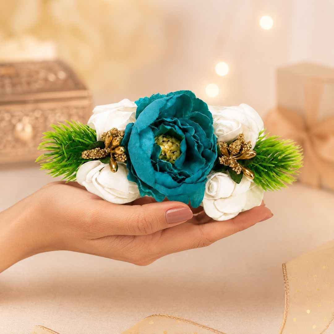 Pack of 5 Teal Blue Floral Decoration Accessories for Hamper Packing