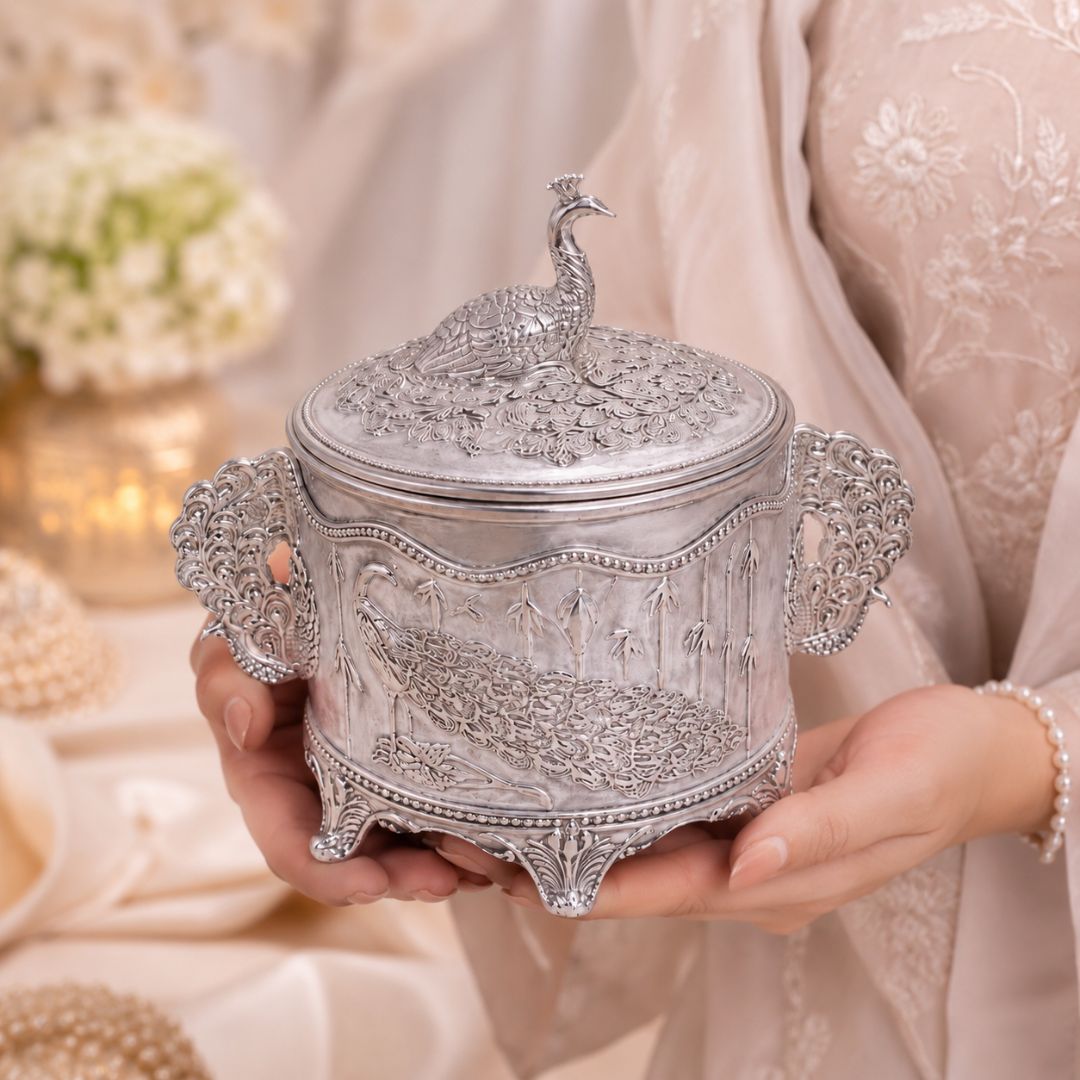 Royal Peacock German Silver Dry Fruit & Sugar Pot – Classic Silver Finish (4 Inch) - Adscraft.in