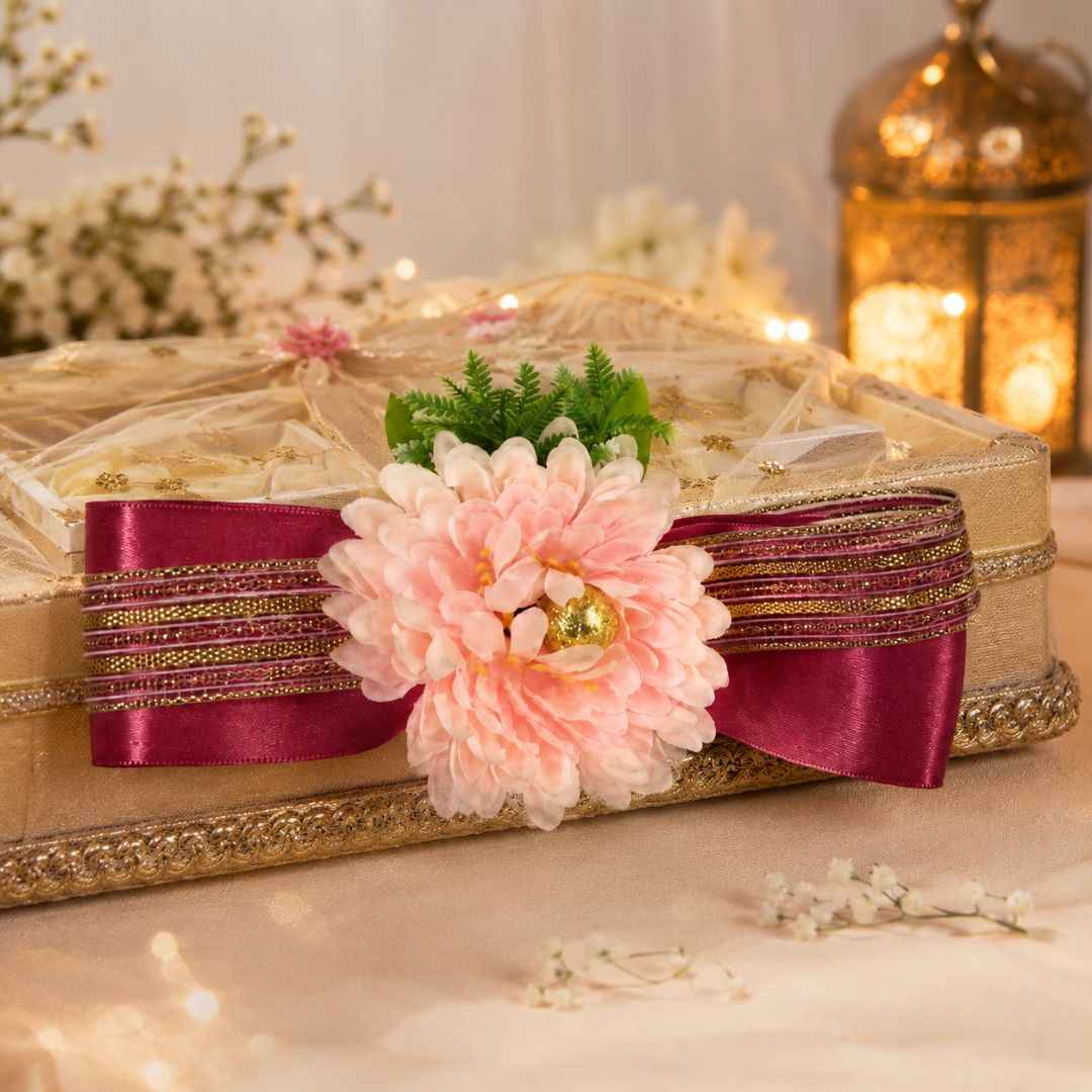 Set of 5 Peach Floral Ribbon Decorative Accessories for Hamper Decoration, Trousseau Packing & Wedding Trays