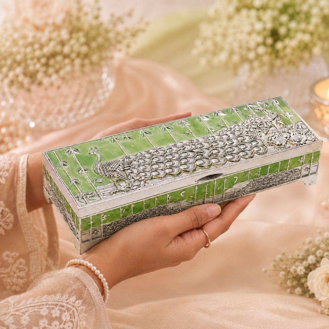 Premium German Silver Peacock Dry Fruit Box with Green Enamel Finish (9 x 3.5 x 2 Inch)