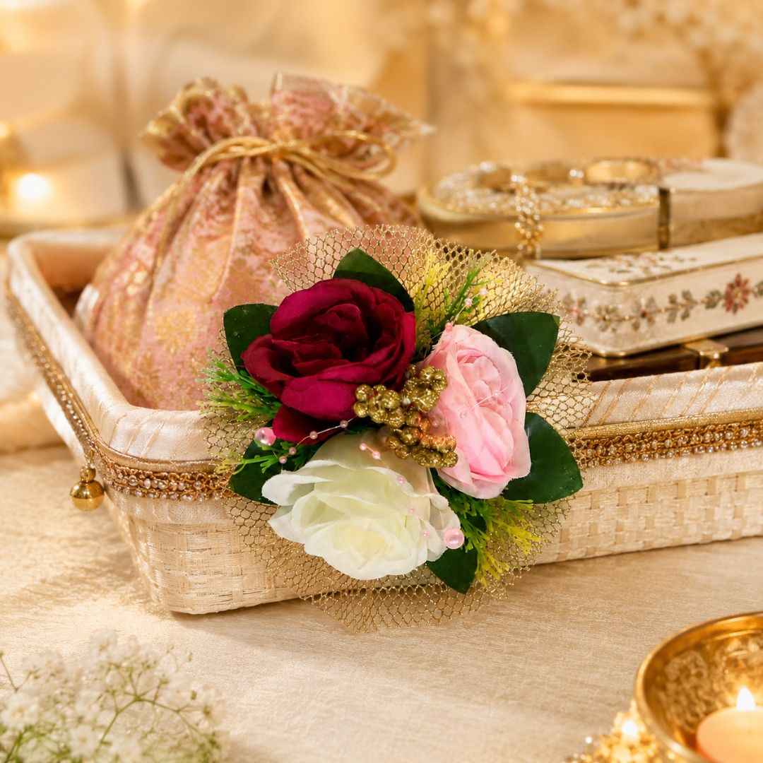 Set of 5 Red, Pink & White Floral Decorative Accessories for Hamper & Trousseau Packing
