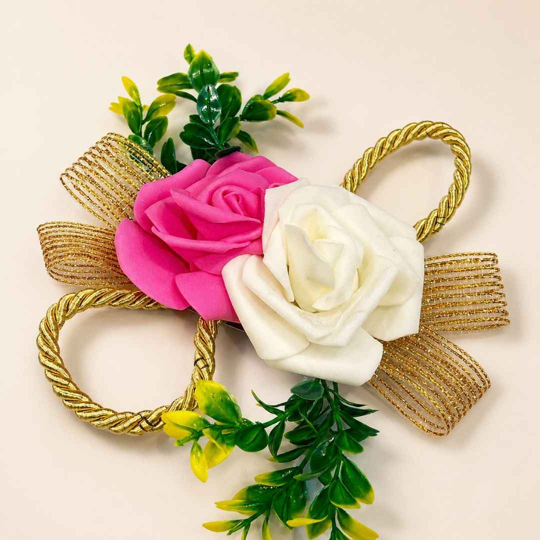 Pack of 5 Pink & White Rose Golden Ribbon Decorative Accessories