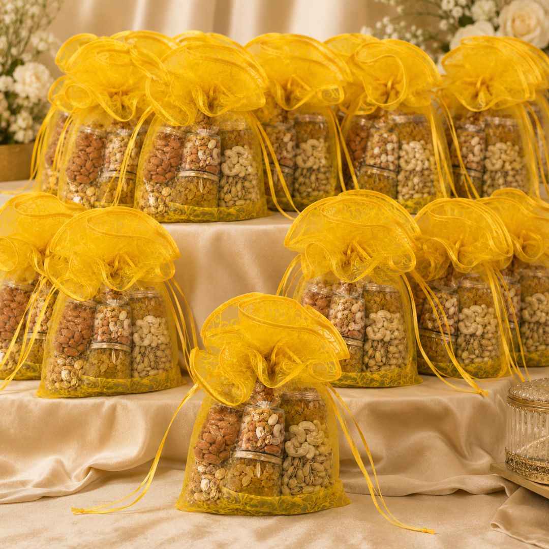 Yellow Organza Potli Gift Bag Pack of 5