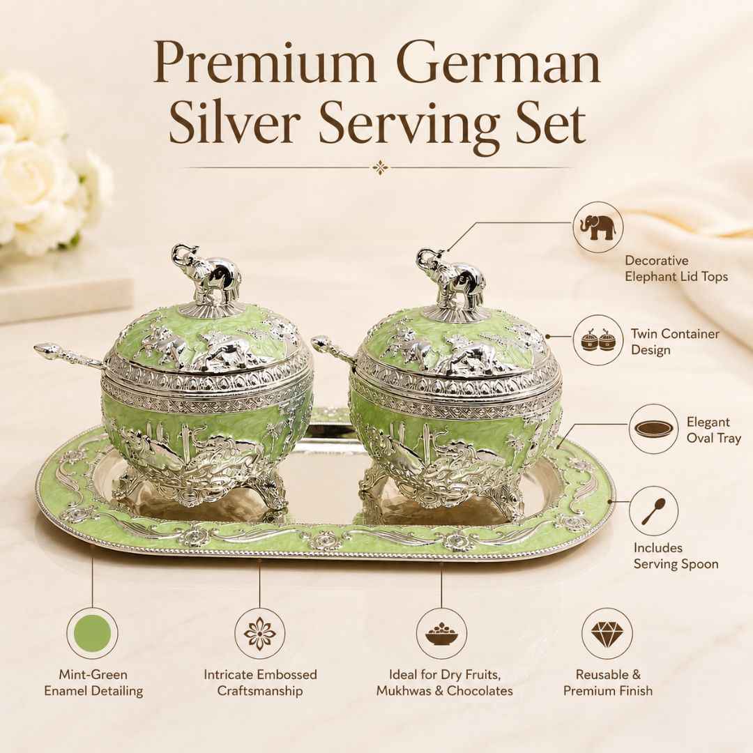 German Silver Green Elephant Serving Set with Spoon