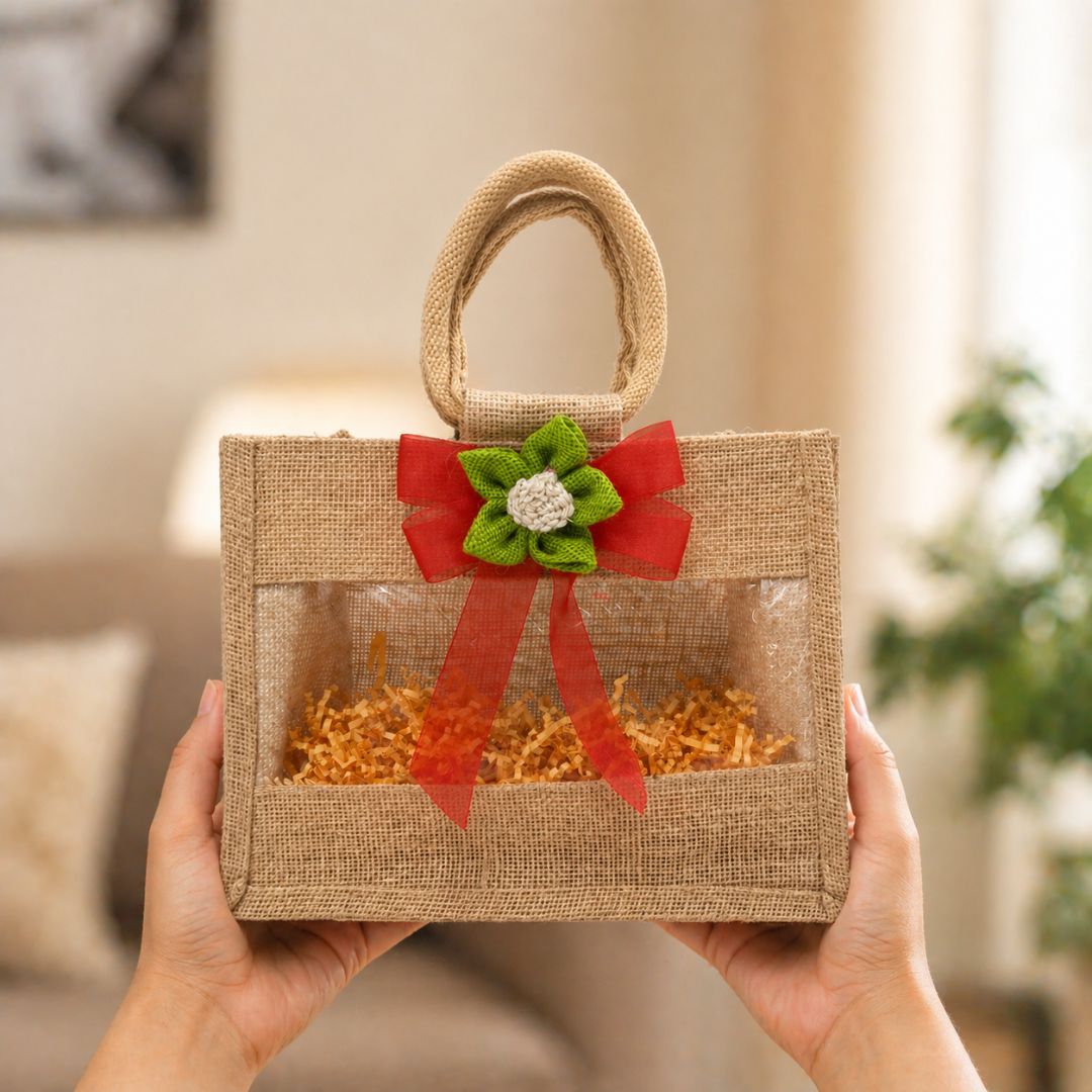 (Set of 5)Premium Jute Window Gift Basket with Handle & Floral Ribbon – 10 x 8 Inches
