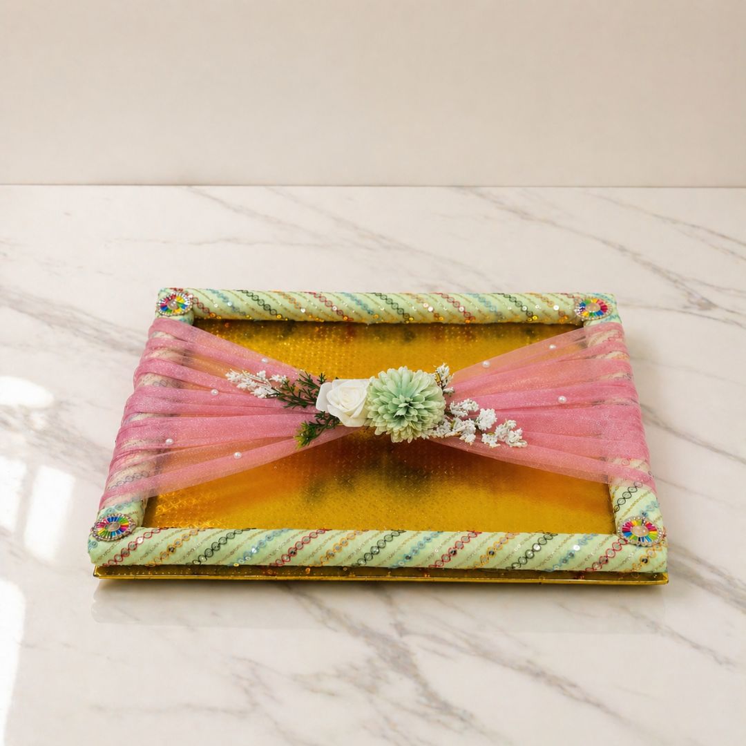 (Set of 3) Classic Green Brocade Trousseau Trays with Organza & Floral Decor – Wedding Gift Packing Made Elegant