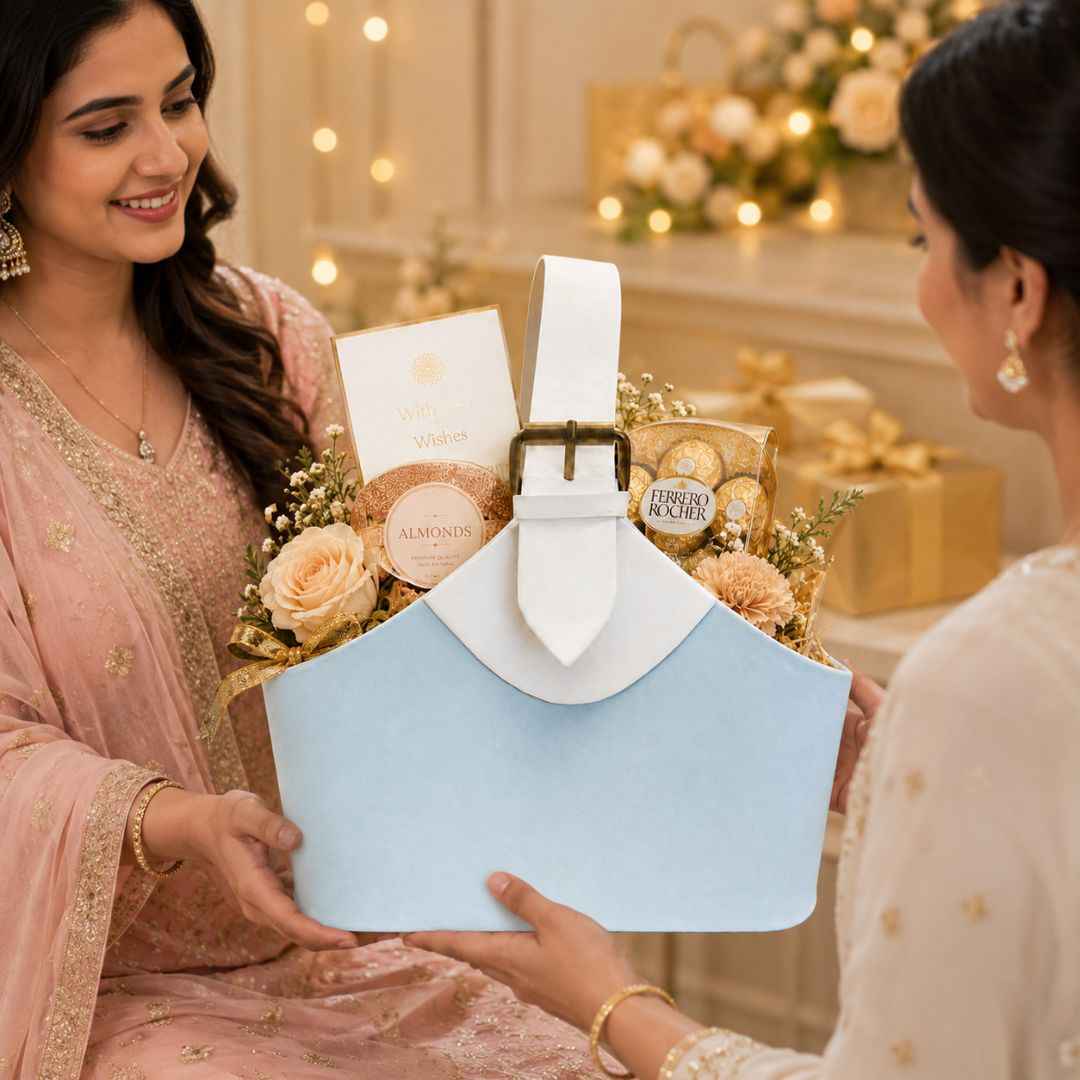 Premium Baby Blue Basket Style Gifting Bag for Hampers, Trousseau & Return Gifts