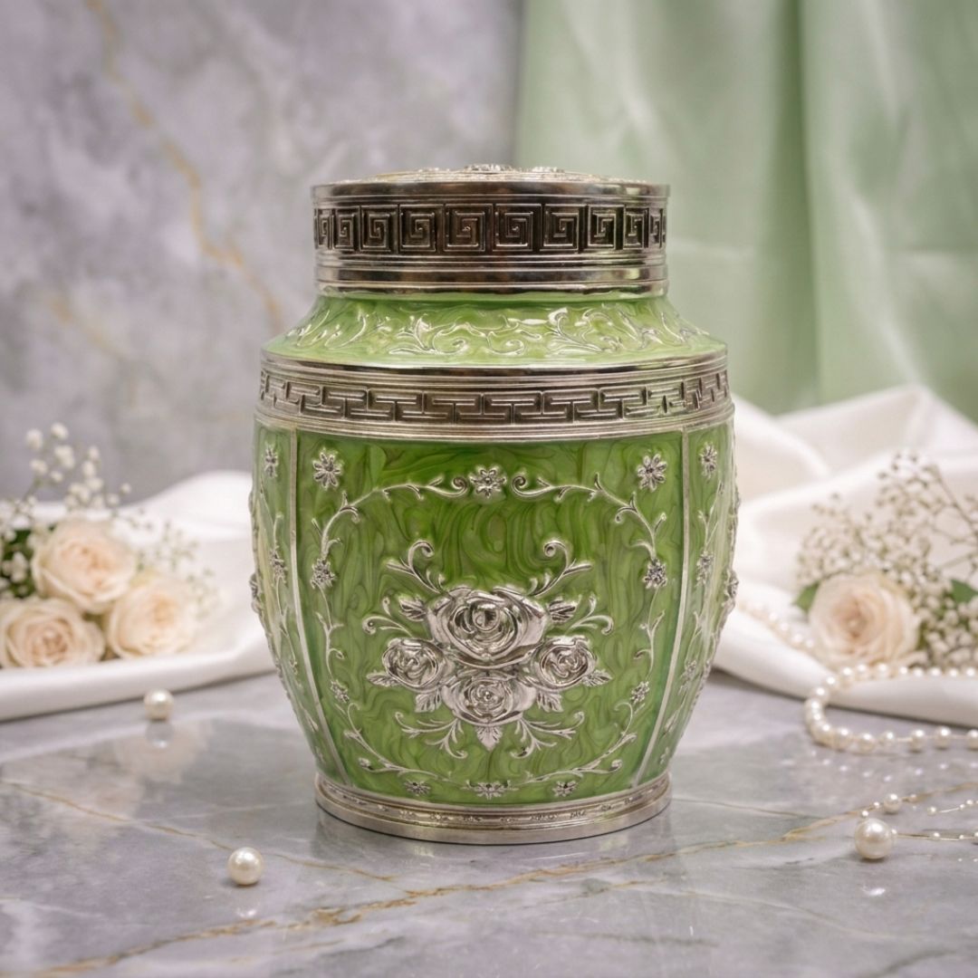 Luxury Green Floral Enamel Storage Jar with Silver Detailing – 7 Inch Decorative Dry Fruit & Sweet Container