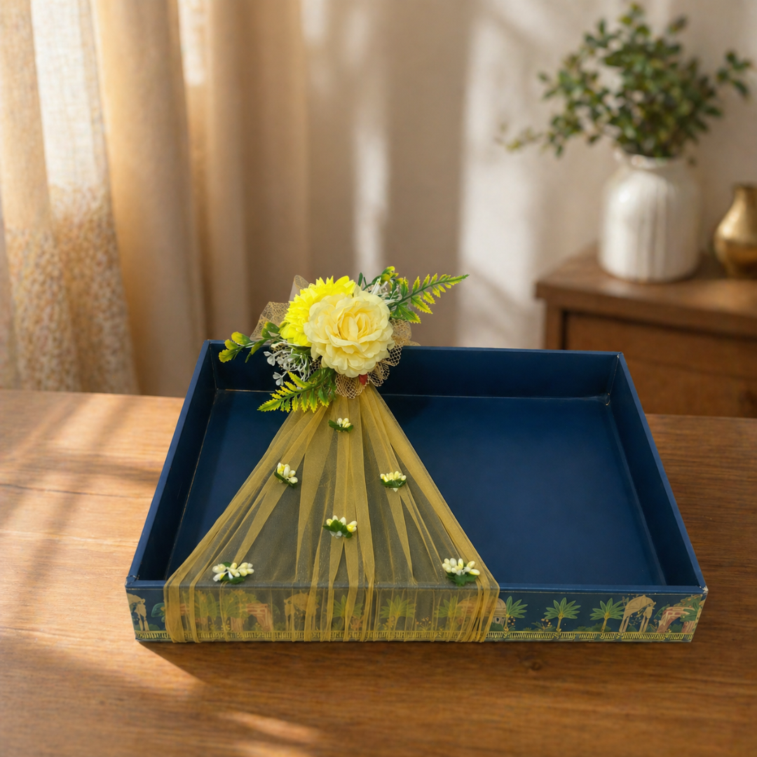 (Set of 3)Premium Navy Blue Ready-to-Use Gift Tray with Yellow Net & Floral Decor (16 x 12 Inch) - Adscraft.in