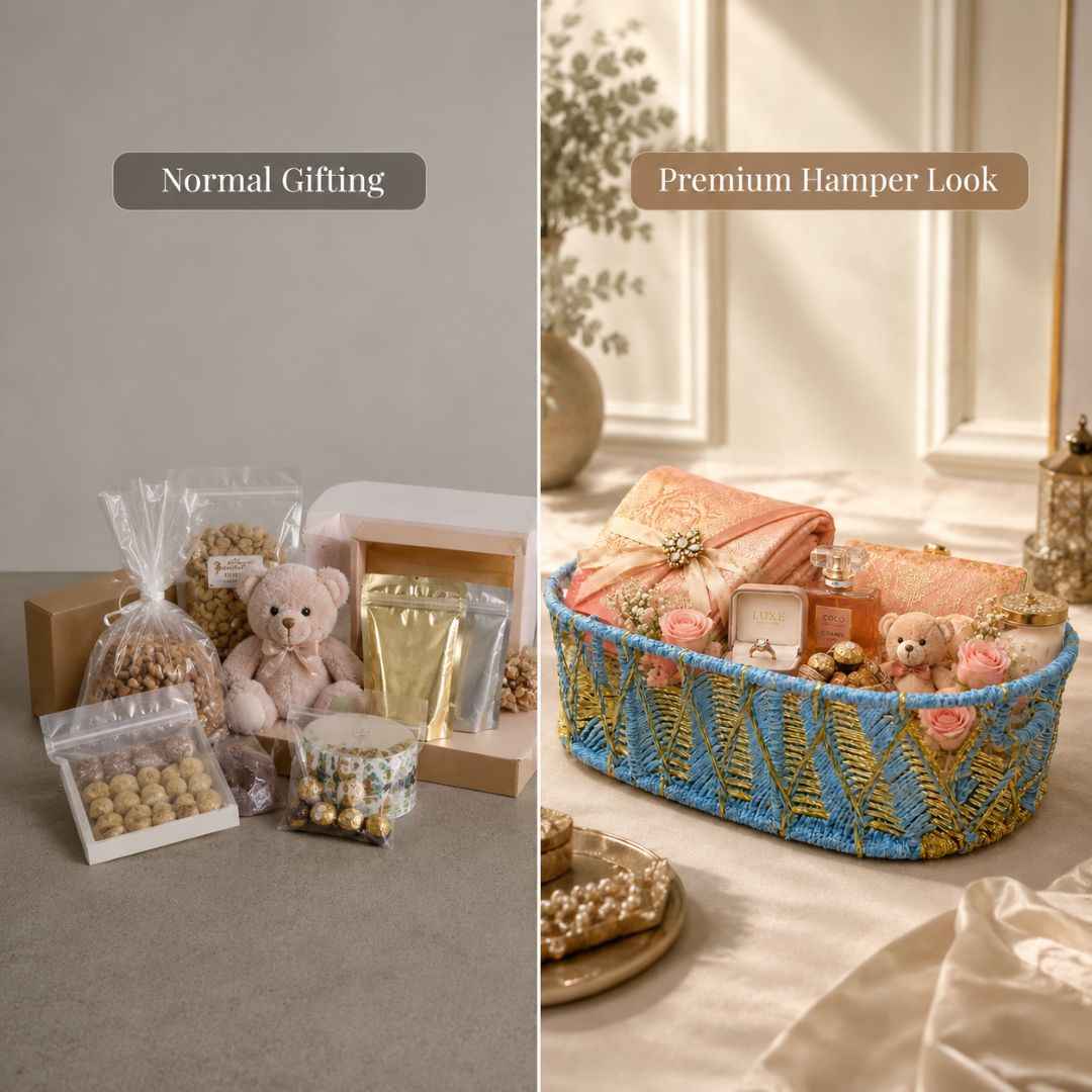 Sky Blue & Golden Decorative Basket Set of 3 – Premium Hamper Basket