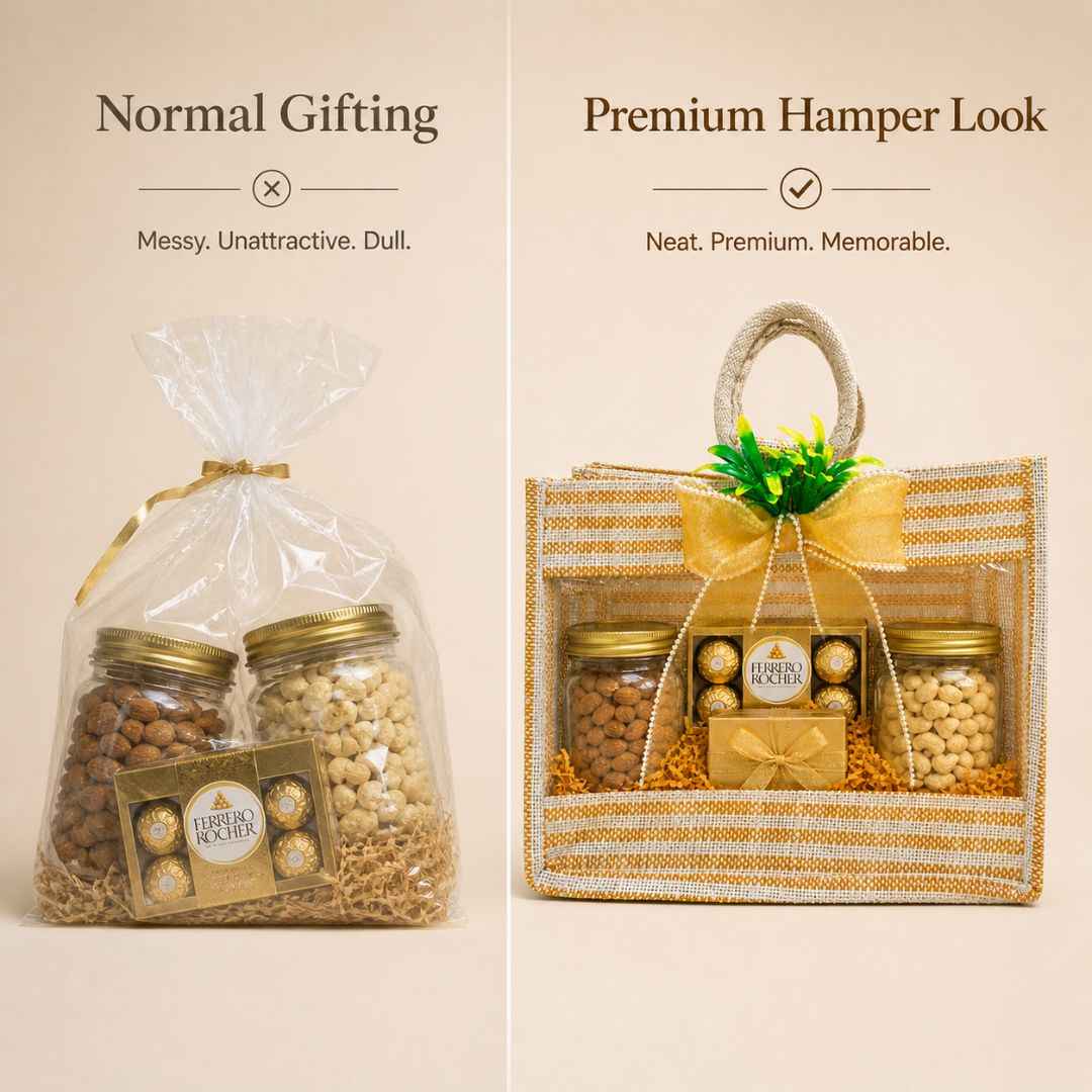 (Set of 5)Premium Jute Transparent Gift Bag with Golden Bow & Handle (12 x 14 Inch)