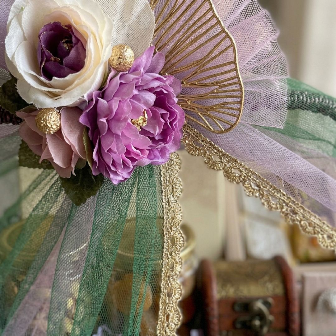 (Set of 3)Premium Lavender Net Gift Baskets with Floral Decor & Handle (16 x 12 Inches)