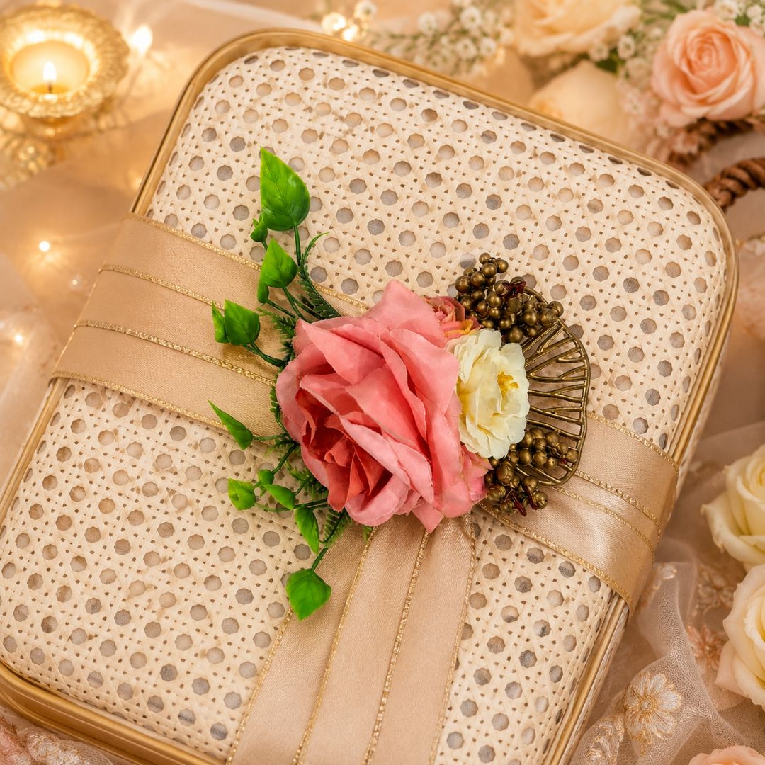 Set of 5 Peach & Gold Floral Decorative Accessories for Hamper & Trousseau Packing