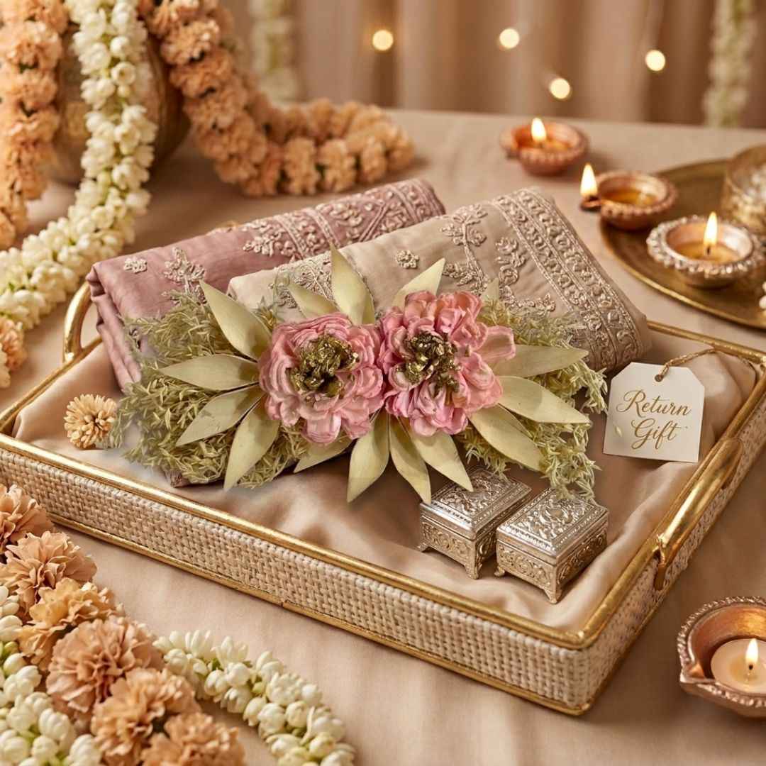 Set of 5 Pink Floral Decorative Accessories for Hamper & Trousseau Packing