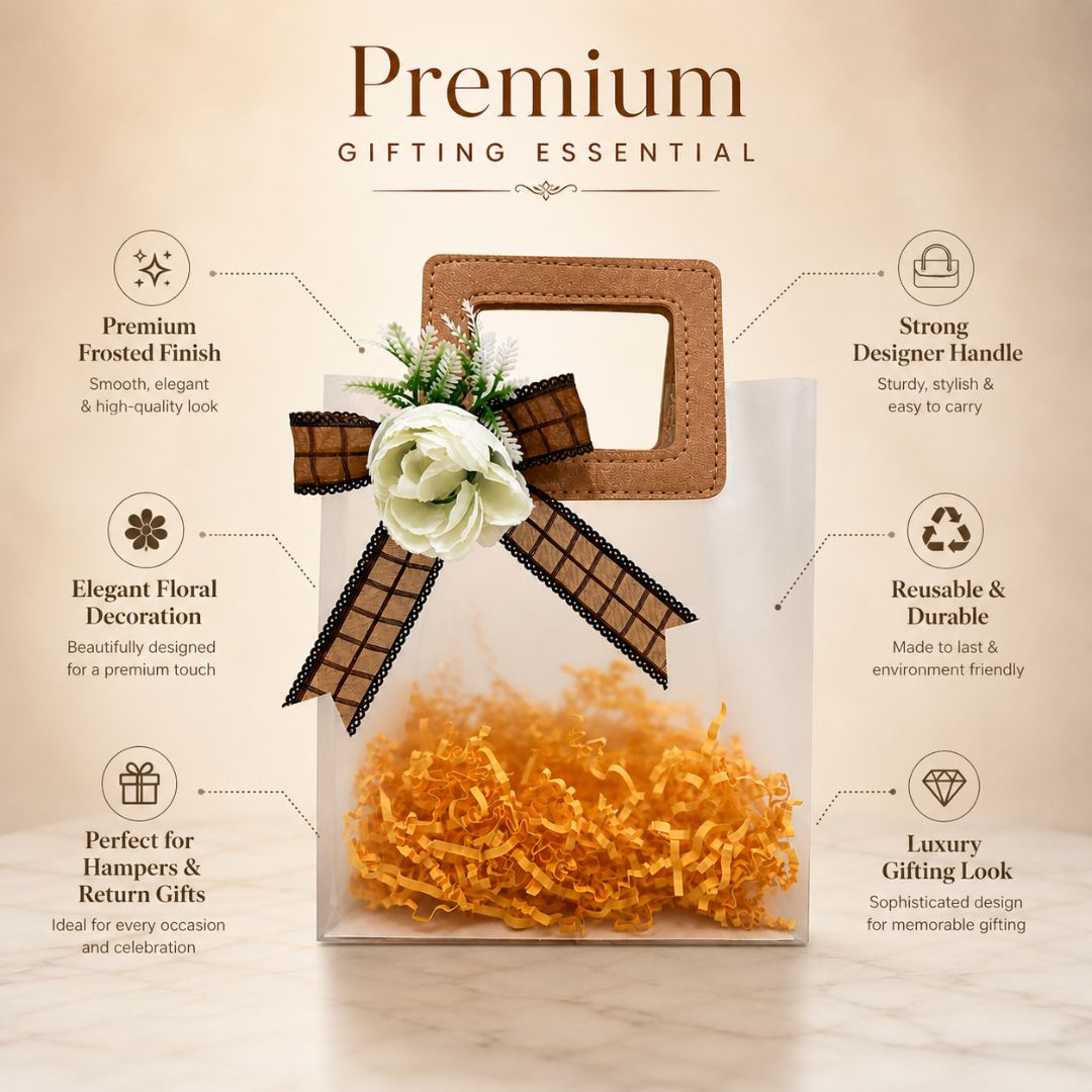 (Set of 5)Premium Frosted Gift Bag with Wooden Handle & Floral Bow – (6.5 x 9 Inches)