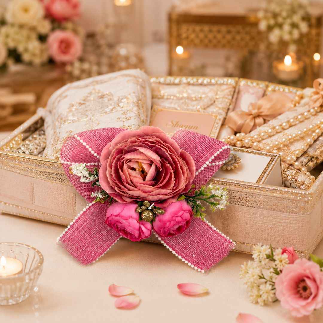 Set of 5 Pink Floral Decorative Accessories for Hamper Decoration & Trousseau Packing