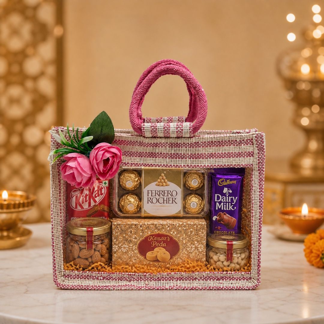 (Set of 5) Premium Pink Jute Gift Bags with Floral Decoration & Handle (11 x 12 Inch) – Wedding Return Gift & Hamper Packaging