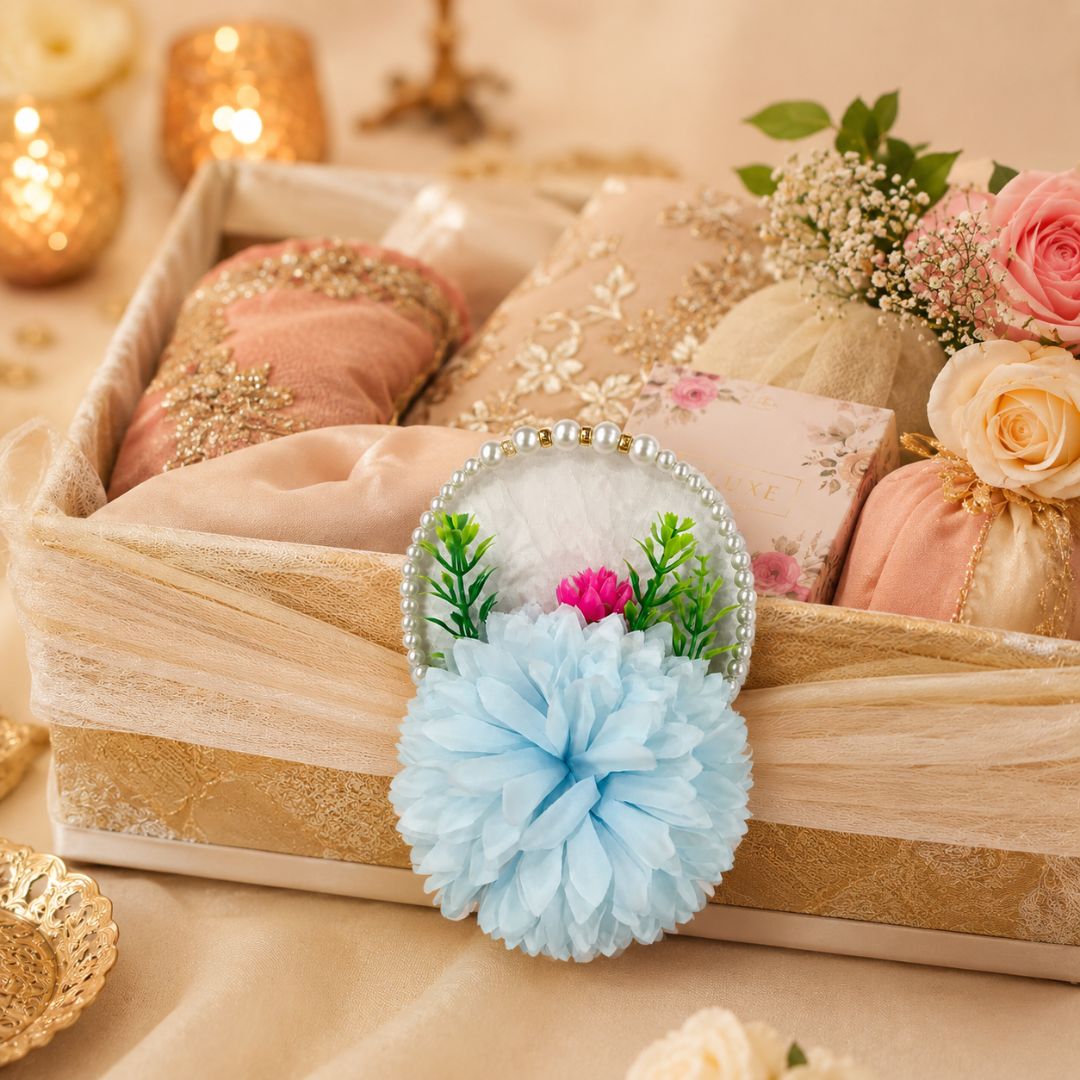 Set of 5 Sky Blue Pearl Loop Floral Decorative Accessories for Hamper & Trousseau Packing