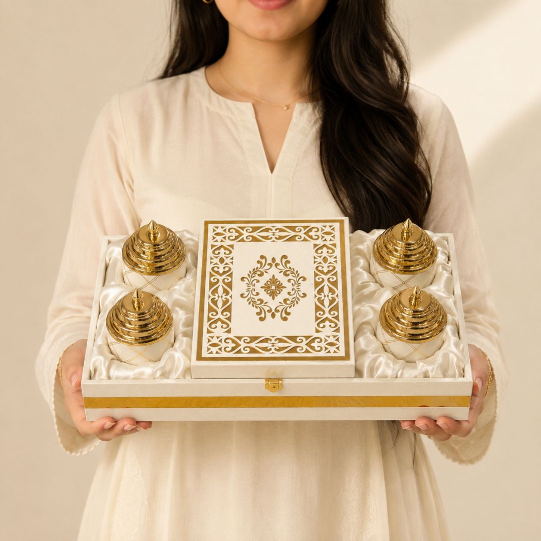 Ivory Gold 4 Jar Dry Fruit Gift Box Set with Decorative Centre Box