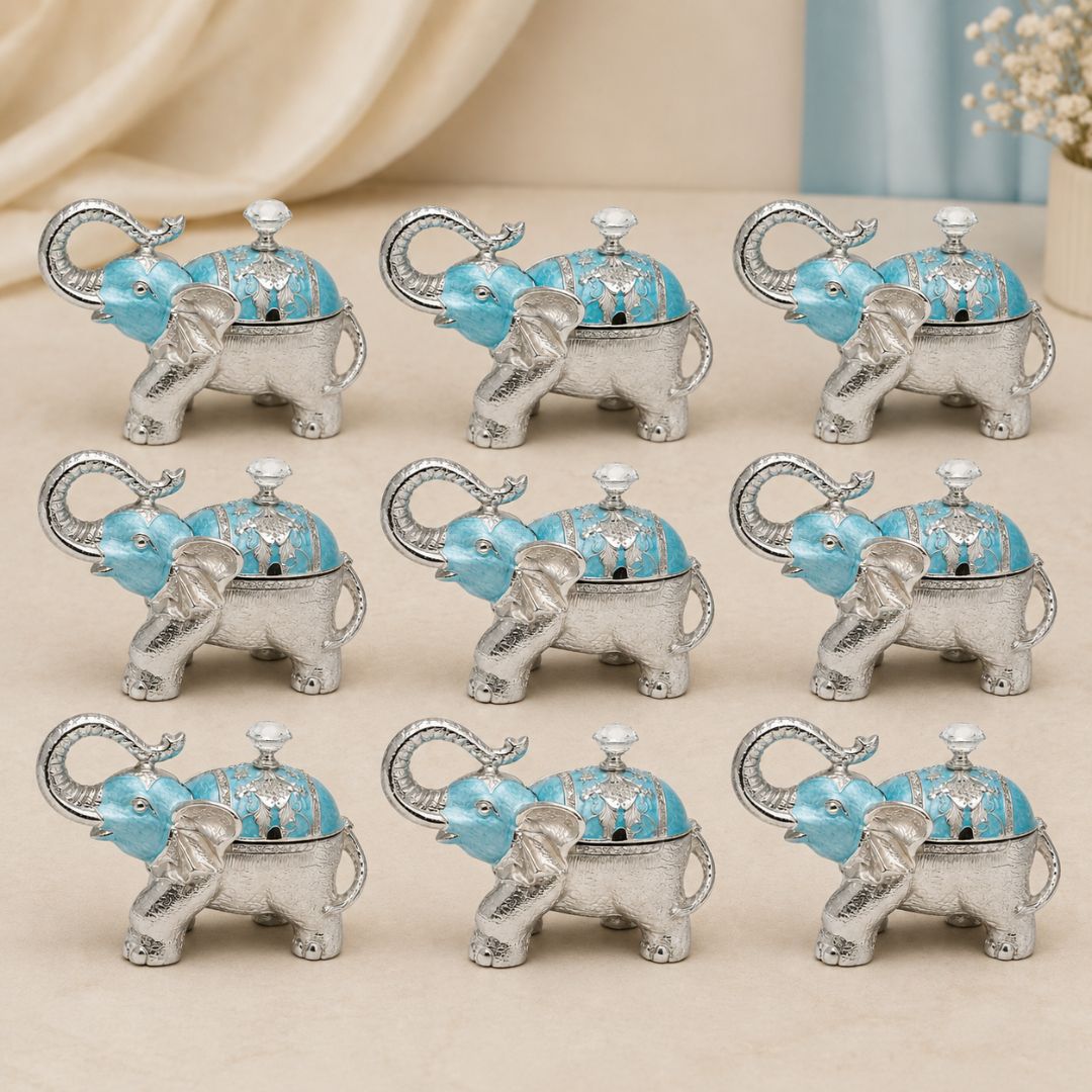 Luxury Silver Elephant Dry Fruit Box with Blue Enamel Finish | Decorative Storage & Gifting Box (8 x 6 Inch)