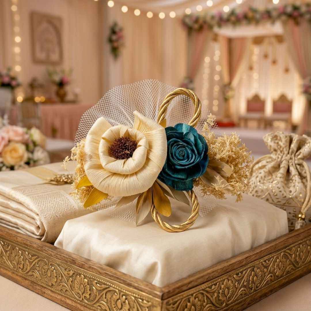 Set of 5 Cream & Teal Floral Decorative Accessories for Hamper & Trousseau Packing