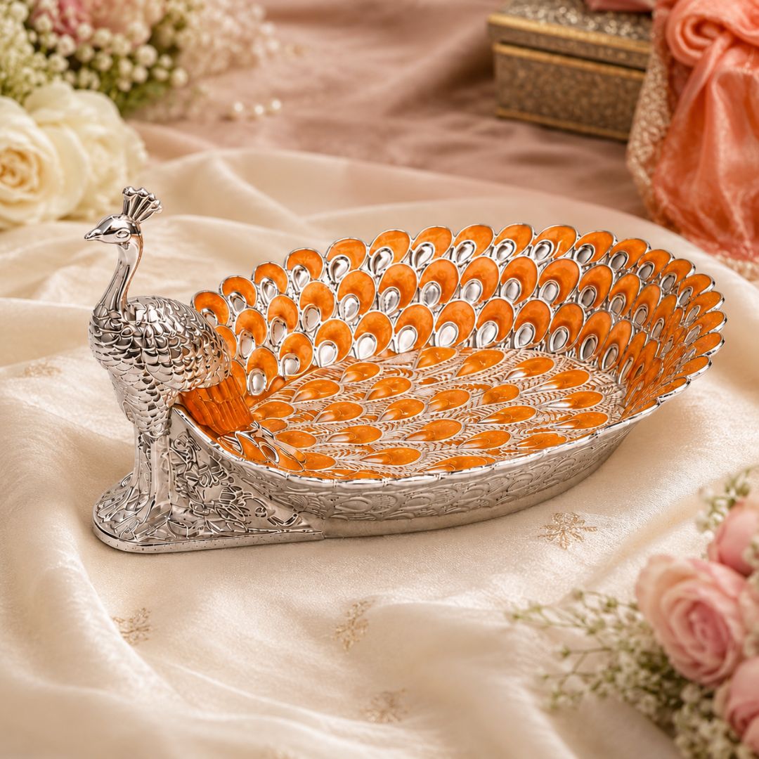 Peacock-Shaped German Silver Tray with Orange Enamel (8 Inch) – Luxury Dry Fruit & Gifting Tray - Adscraft.in