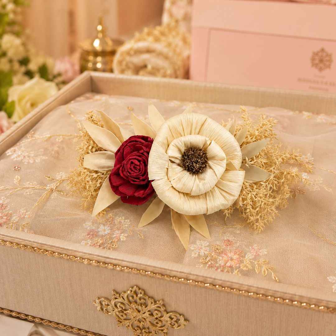 Set of 5 Cream & Red Floral Decorative Accessories for Hamper & Trousseau Packing