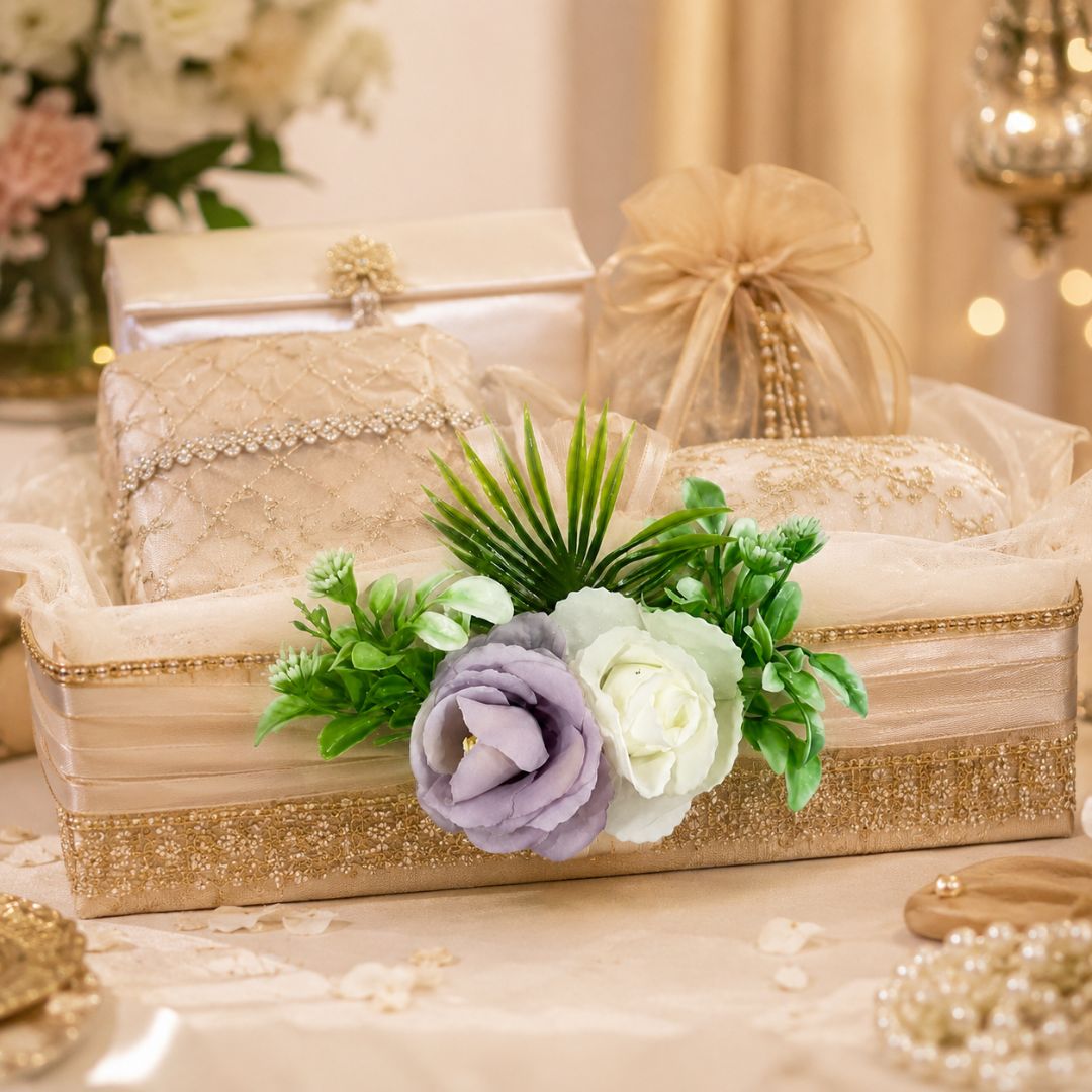 Set of 5 Lavender & White Floral Decorative Accessories for Hamper & Trousseau Packing