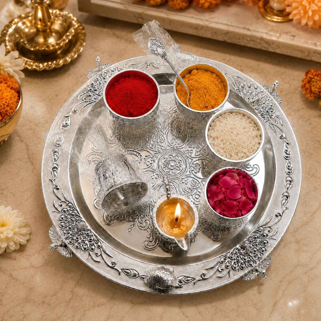 Premium German Silver Serving Set with Embossed Round Tray for Festive Gifting & Pooja Use