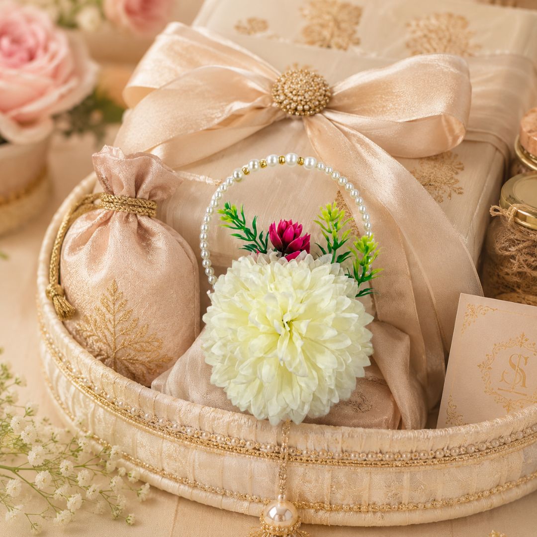 Set of 5 Ivory Pearl Handle Floral Decorative Accessories for Hamper & Trousseau Packing
