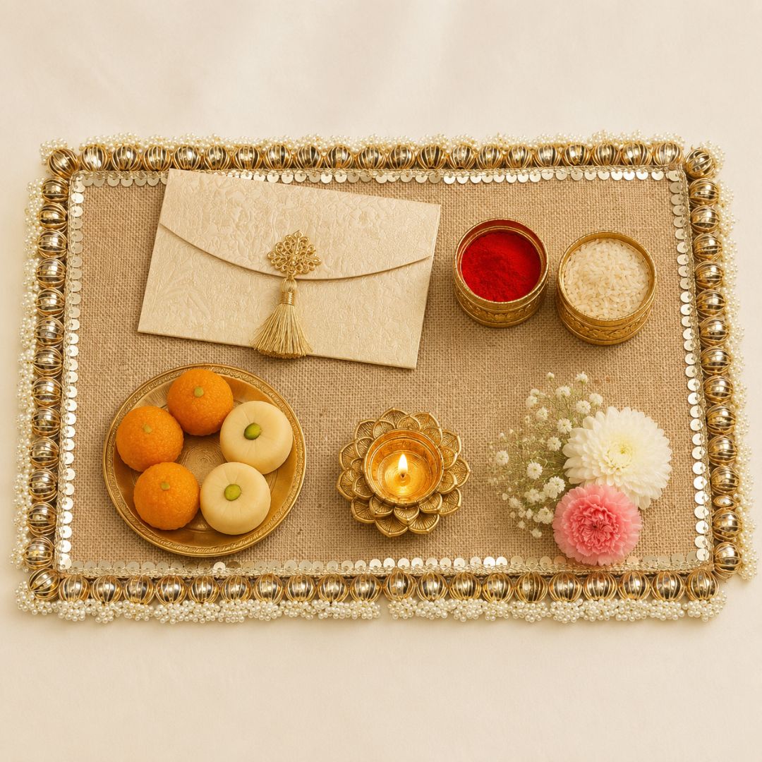 Natural Jute Gold Pearl Border Wedding Trousseau Tray