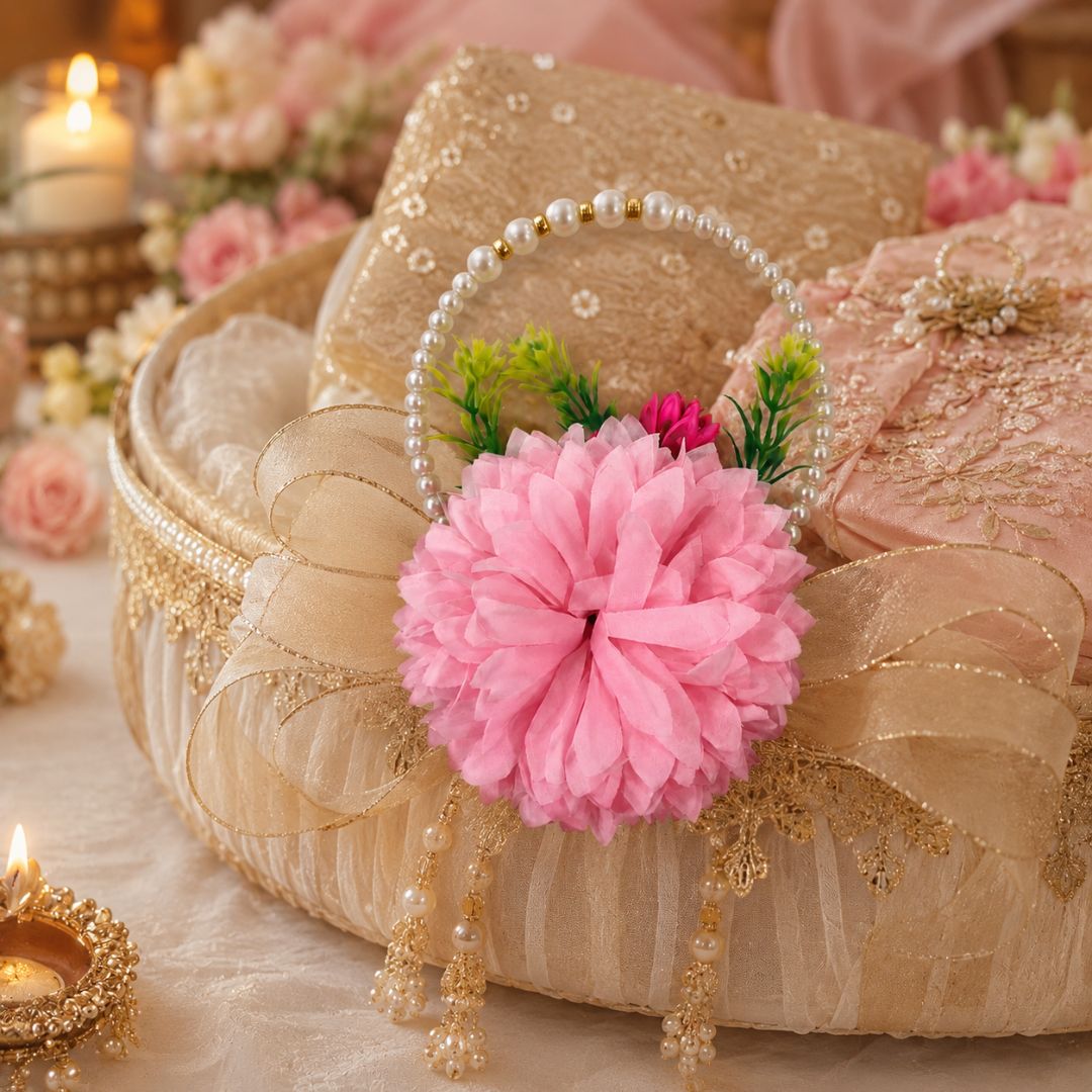 Set of 5 Pink Pearl Handle Floral Decorative Accessories for Hamper & Trousseau Packing