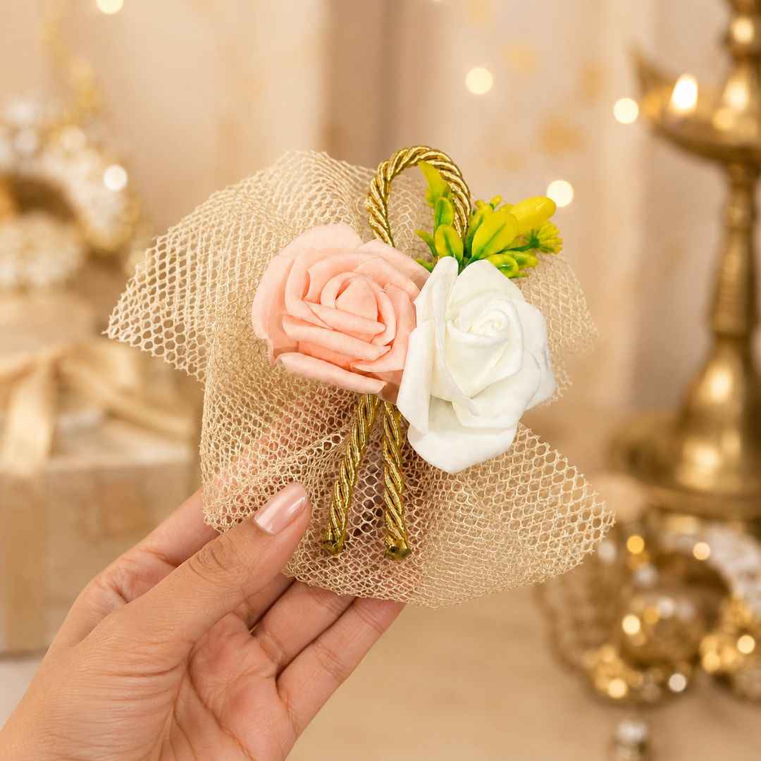 Pack of 5 Peach & White Rose Net Decorative Accessories for Hamper Packing