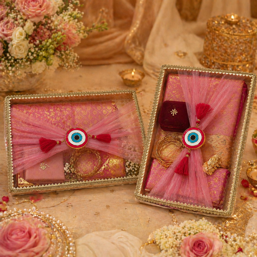 (Set of 2)Premium Evil Eye Net Gift Tray (16x12 & 14x10 Inch) – Pink Fabric Finish with Tassel Decor - Adscraft.in