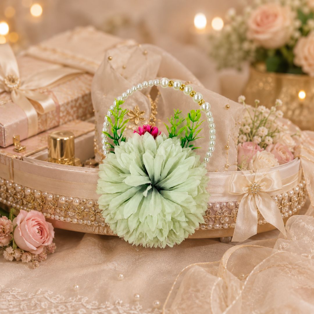 Set of 5 Mint Green Pearl Handle Floral Decorative Accessories for Hamper & Trousseau Packing