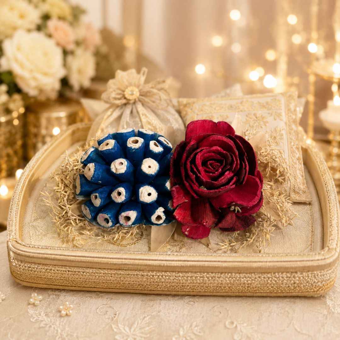Set of 5 Blue & Red Floral Decorative Accessories for Hamper & Trousseau Packing