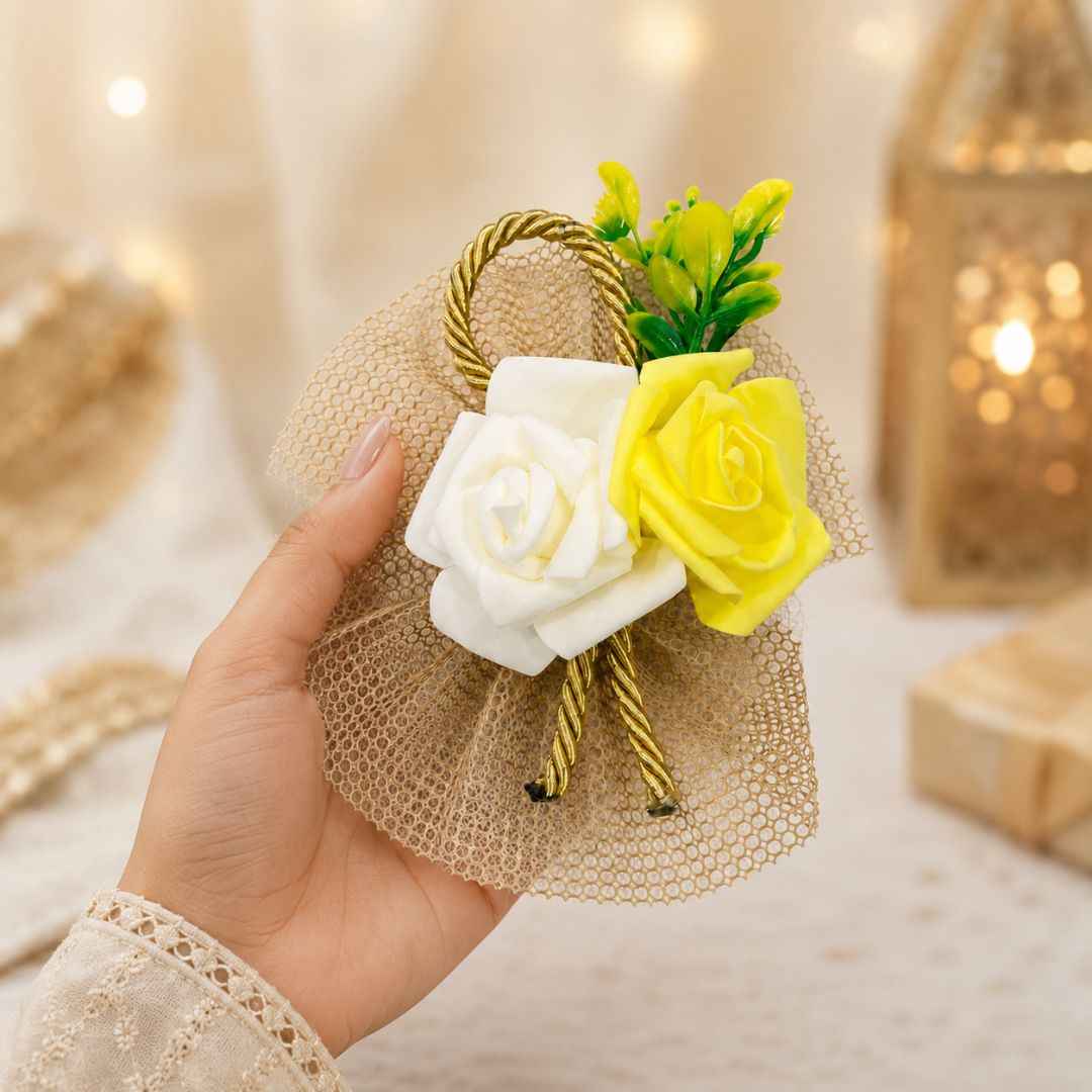 Pack of 5 Yellow & White Rose Net Decorative Accessories for Hamper Packing