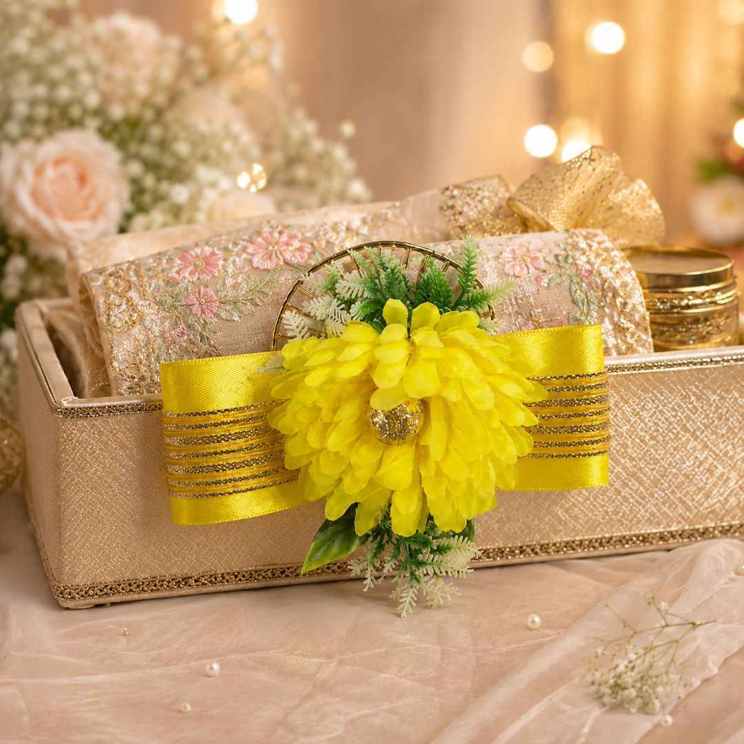 Set of 5 Yellow Floral Decorative Accessories for Hamper Decoration, Trousseau Packing & Gift Wrapping