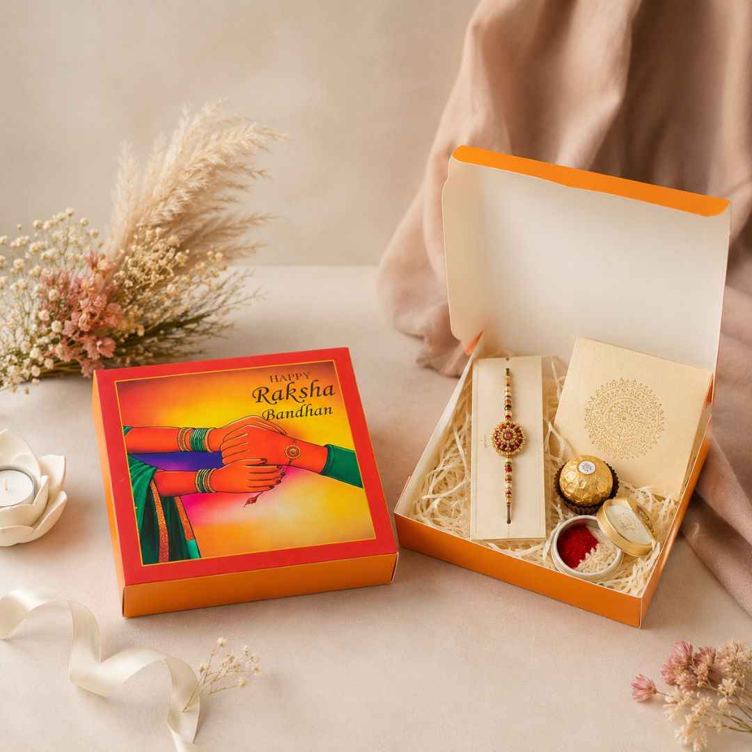 Happy Raksha Bandhan Orange Rakhi Gift Box Pack of 10