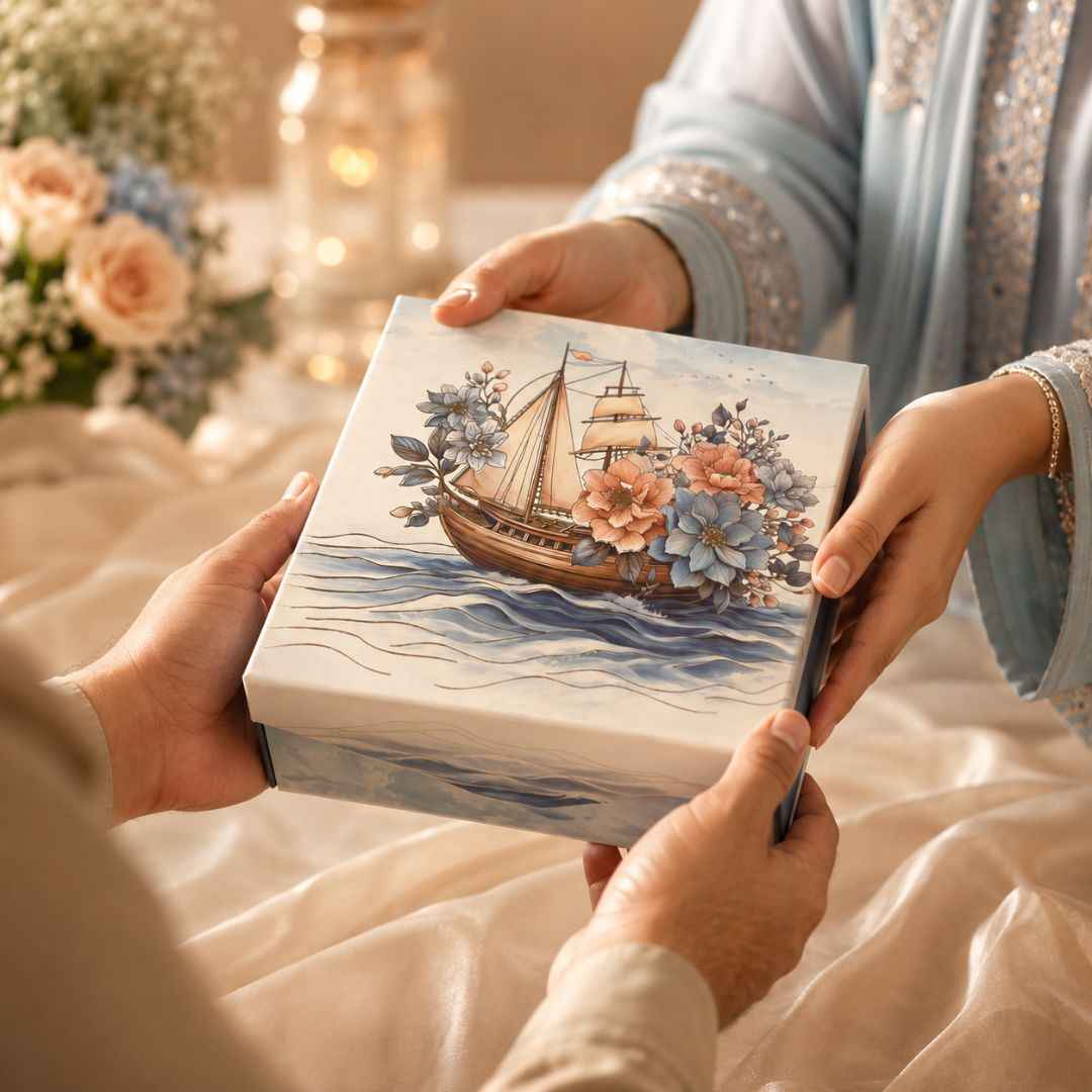Pack of 5 Sailing Boat Floral Printed Square Gift Box – Premium Gift & Hamper Packaging Box