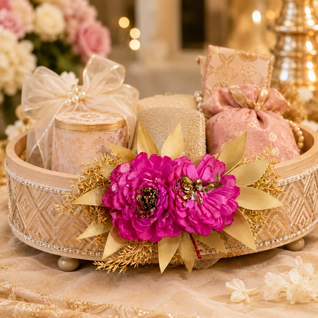 Set of 5 Hot Pink Floral Decorative Accessories for Hamper & Trousseau Packing