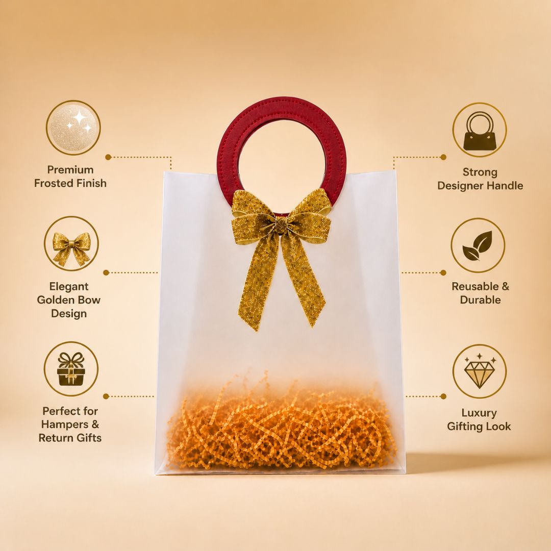 (Set of 5)Premium Frosted Gift Bags with Designer Ring Handle & Golden Bow –(7 x 10 Inch)
