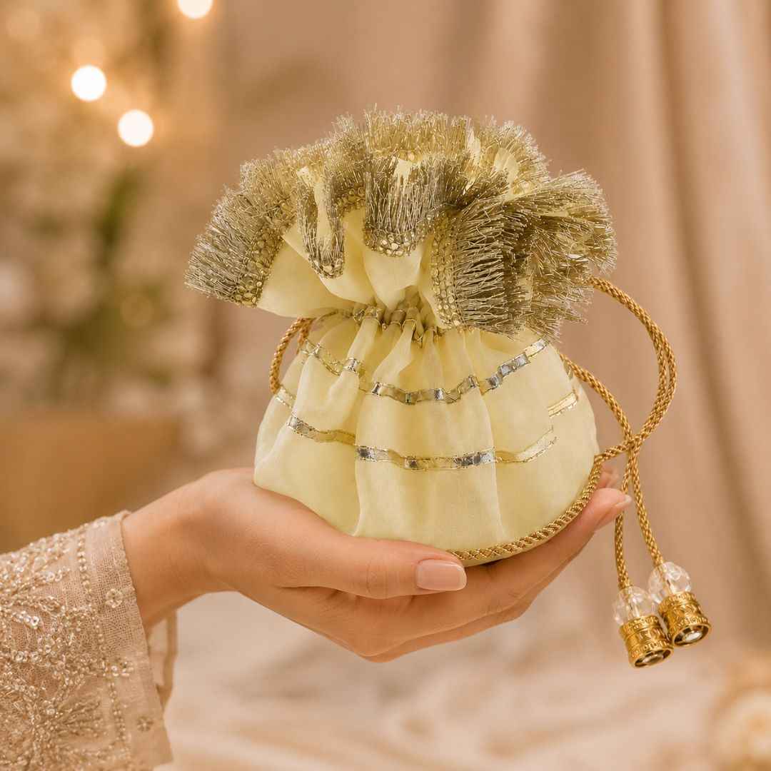 Pack of 5 -Cream Gold Lace Drawstring Potli Bag