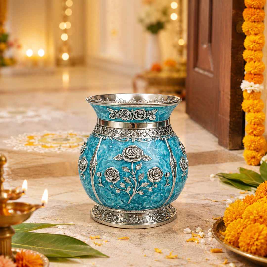 German Silver Floral Kalash with Sky Blue Enamel Work