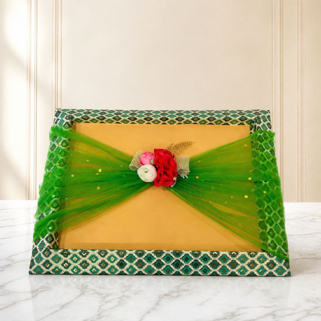 (Set of 3)Premium Green Net Decorative Gift Tray – Floral Center Design | 21 x 16 Inches