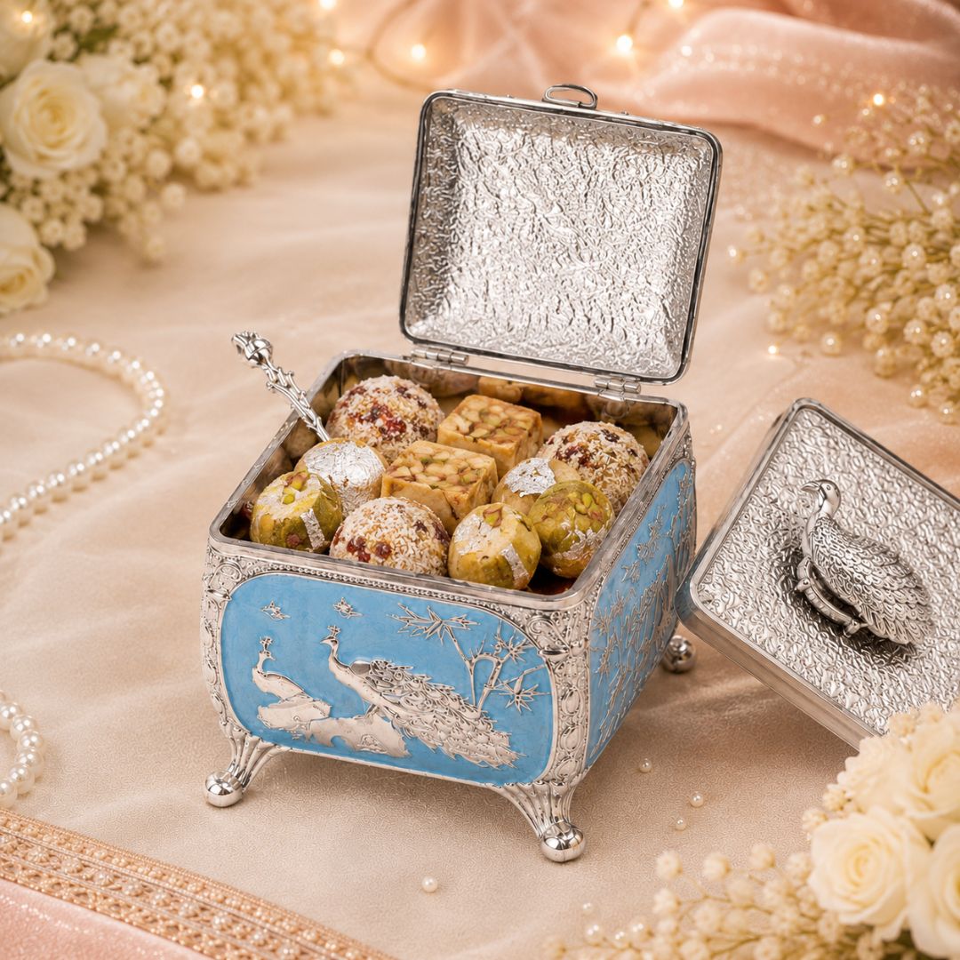Royal Peacock German Silver Dry Fruit Box – Handcrafted Premium Gift (4 x 4 Inch)